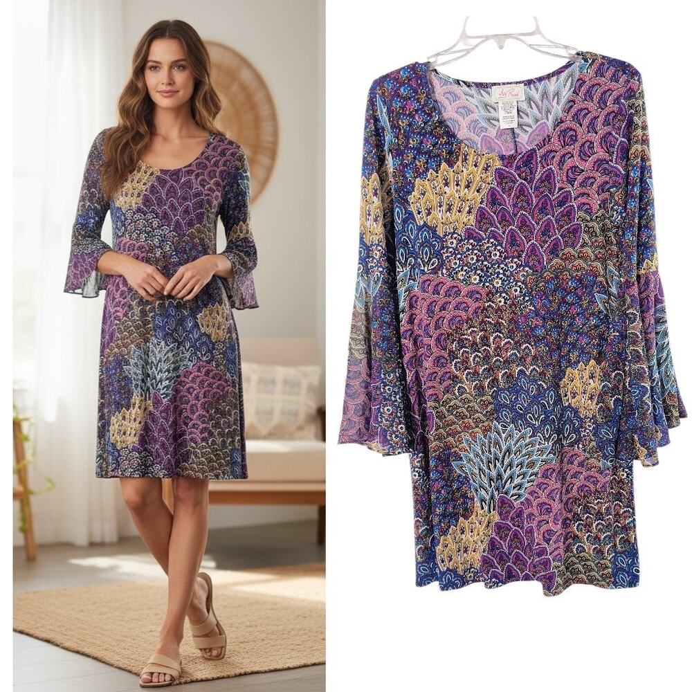 Ivy Road Paisley Print Bell Sleeve Mini Dress Multicolor Stretch Knit Women's M